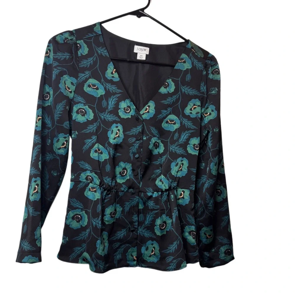 JCrew Satin Crepe Peplum Poppy Print Blouse‎ Size 00